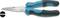 Long pointed pliers with blue handle and black insert, positioned left of a black symbol. Tool from a branded manufacturer.
