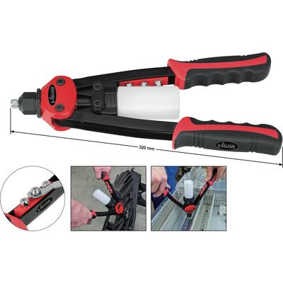 Hand riveter with three photos: top, the tool in detail, left rivet attachments, right two applications on metal objects.