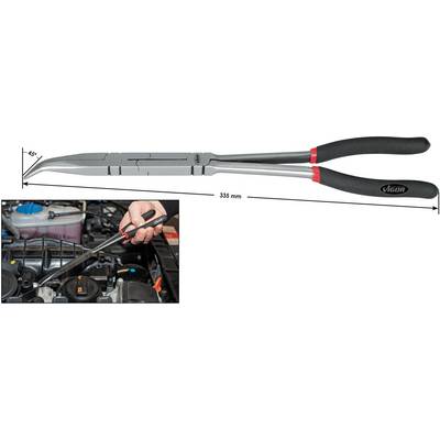 'Long, curved pliers with a length of 335 mm. Image shows pliers in use during maintenance of a car engine, Vigor brand.'