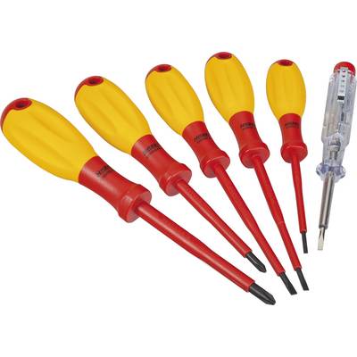 Five isolated screwdrivers with yellow handles and red shafts, alongside a transparent voltage tester with a metal tip.