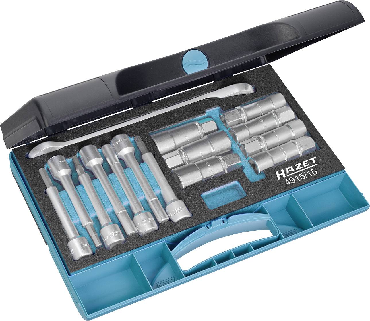 'Socket wrench set with various inserts and tools in a blue plastic case.'