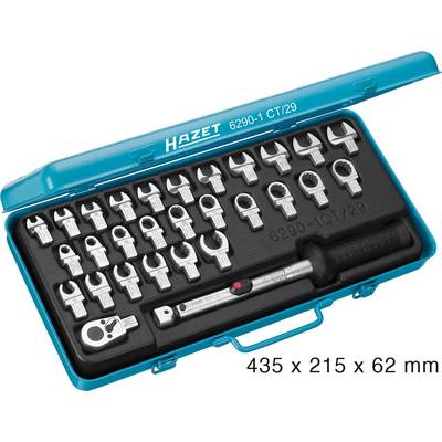 Set of torque wrench with various fork heads in a blue case.