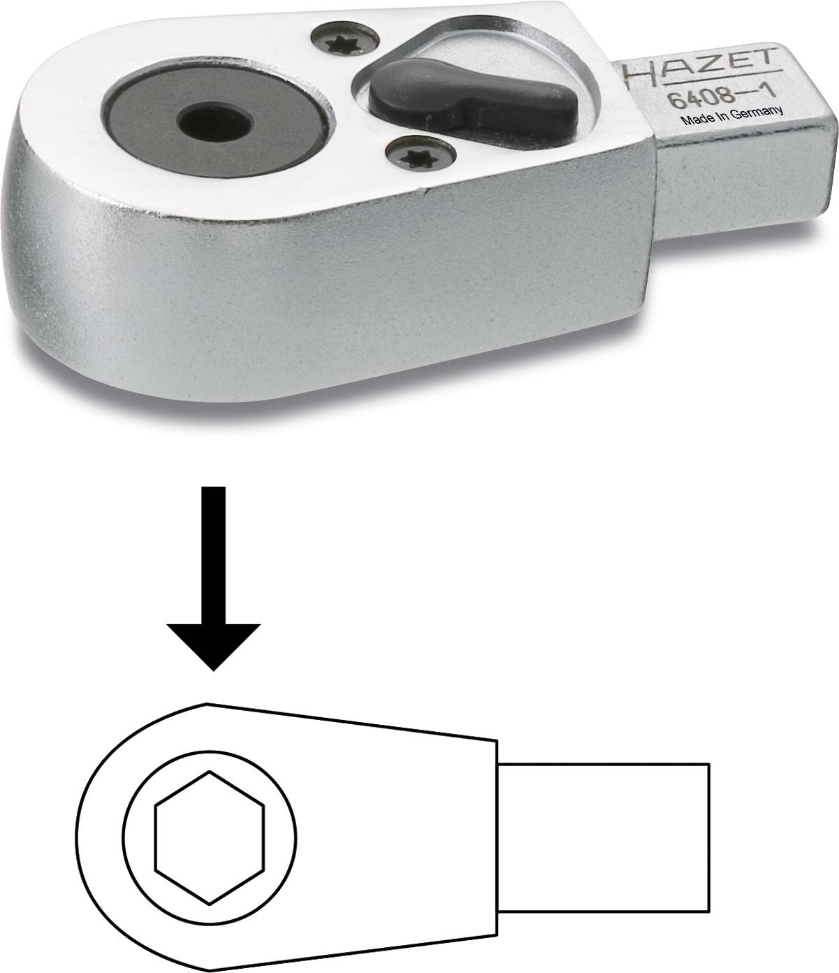 'Ratchet head by Hazet, Model 6408-1, Made in Germany, with arrow diagram for use on internal hexagon screws.'