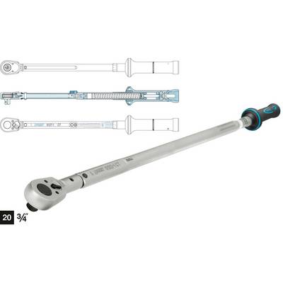 Torque wrench with a metallic handle, rotatable head, and blue-black grip. Technical drawings depict internal mechanics.