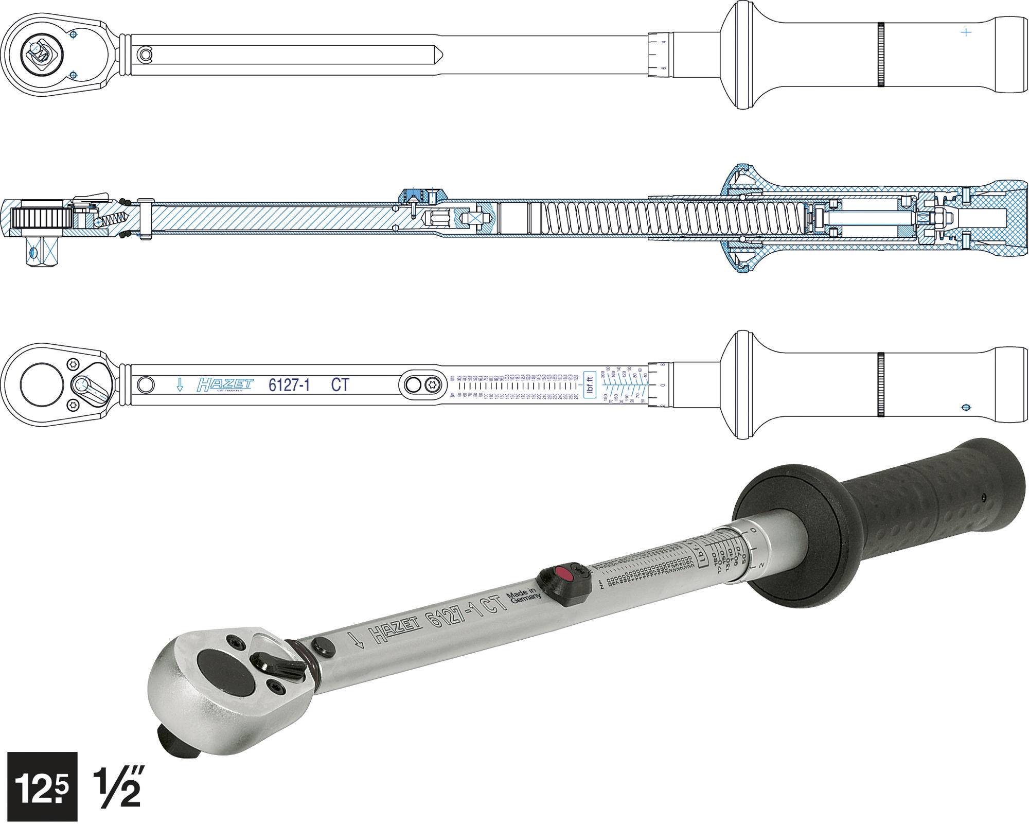 Hazet 6128-1CT 6128-1CT Torque wrench Forward/reverse ratchet 1/2" (12.5 mm) 67.8 - 339 Nm