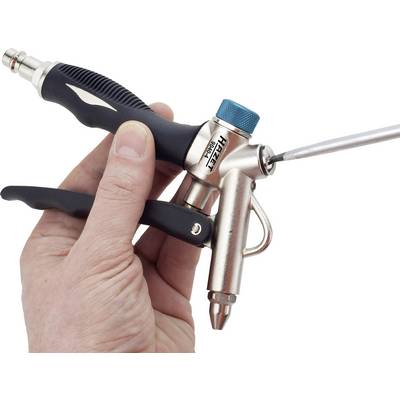 A hand is holding an air-powered pistol with a black grip. The pistol has a metallic appearance and a blue rotary knob.