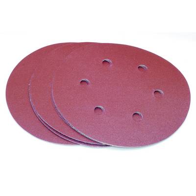 Round, red grinding discs with holes for attaching to a grinding device. Suitable for grinding work on various materials.