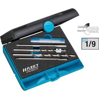 'Drill bit set in a blue case with HAZET logo. Contains five drill bits and accessories, padded with black foam, with sliding compartment.'