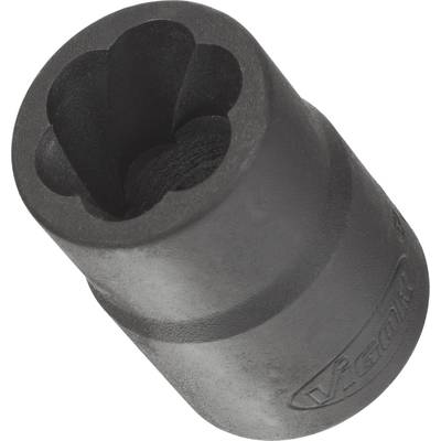 Black metal hexagonal socket bit placed on a light background.
