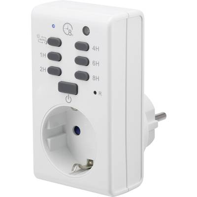 Electronic timer plug with socket, showing buttons for 1 to 8 hour timer settings and symbols for manual/automatic control.