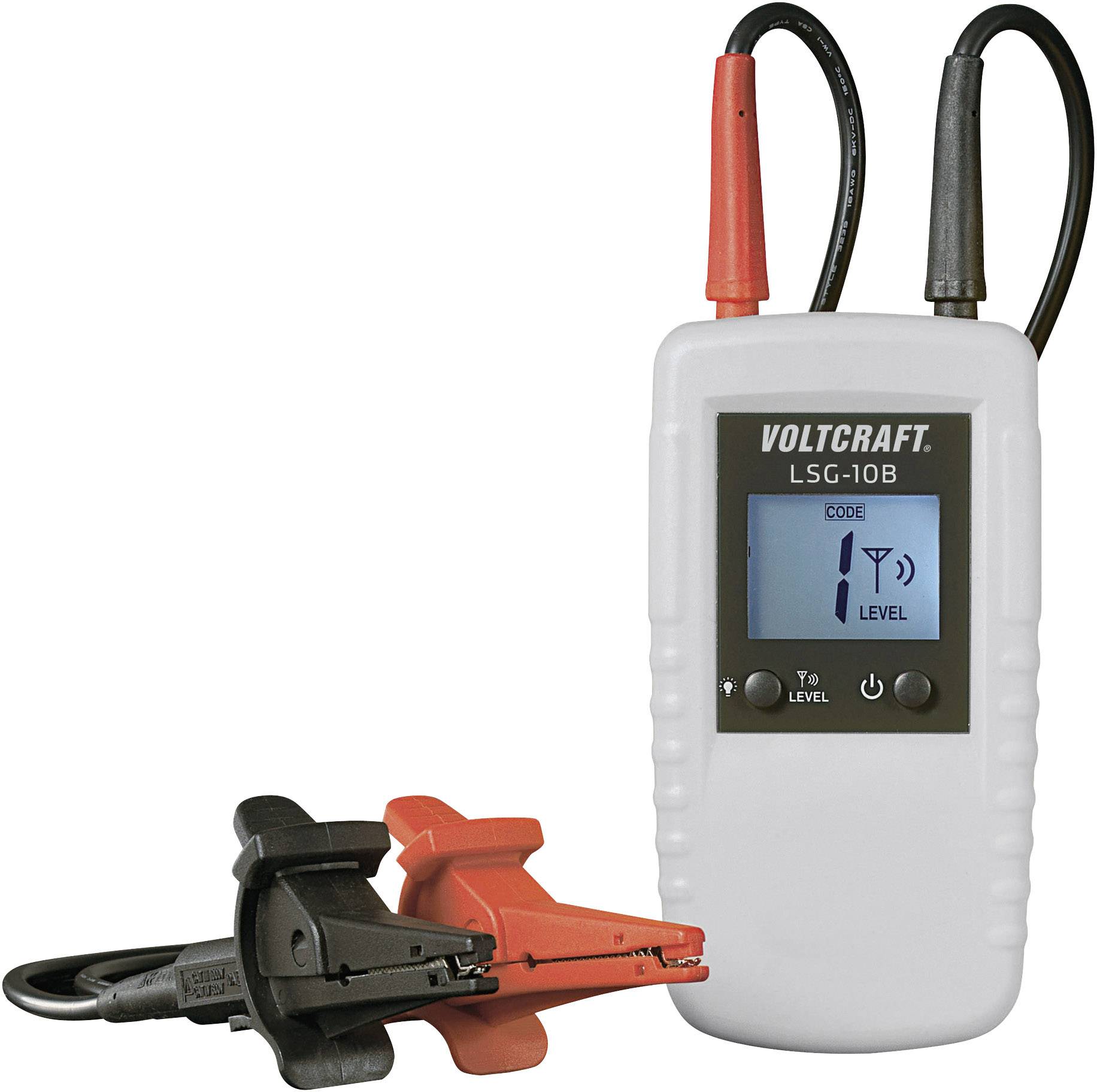 A white testing device with the inscription 'VOLTCRAFT LSG-10B' shows 'Code 1 Level' on the display. Next to it are two clips in black and red.