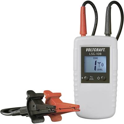 A white testing device with the inscription 'VOLTCRAFT LSG-10B' shows 'Code 1 Level' on the display. Next to it are two clips in black and red.