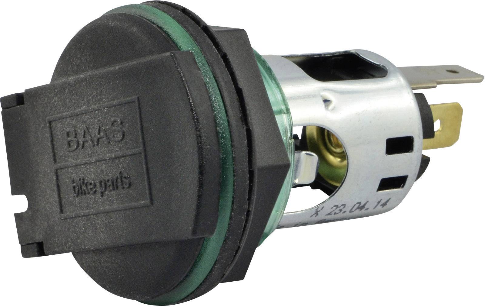 A round car fuse holder with a black lid and green seal. Metal contacts are visible on the right side.