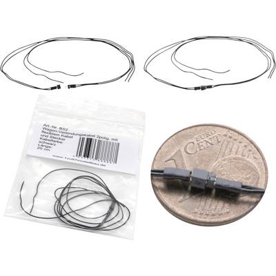 'Thin black cables with plugs positioned next to a euro cent coin to illustrate cable length. Packaging with item number and website.'