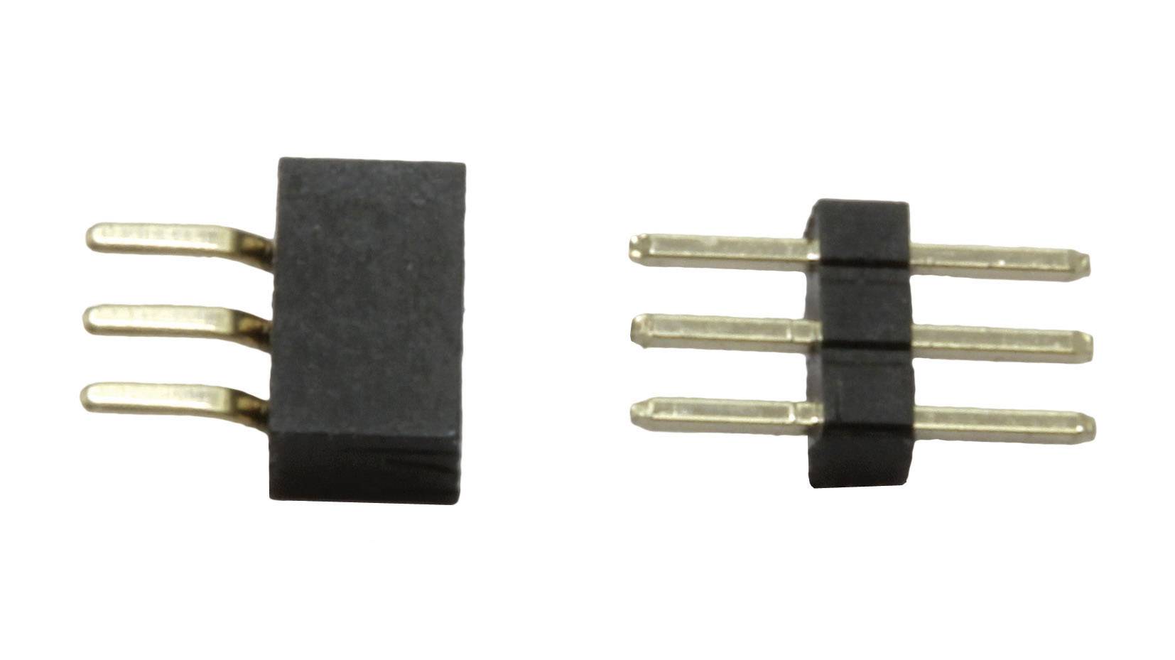 Two parallel pin strips, one with a black plastic coating on the left and one without on the right, each with three golden pins.