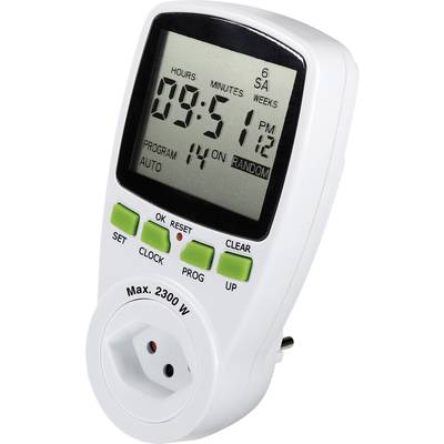Electronic timer with digital display showing '09:51 PM'. Below the display are green buttons and a power socket.