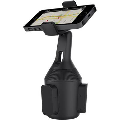 A black smartphone holder with integrated navigation system displays a map on a mobile phone screen. Ideal for the car.