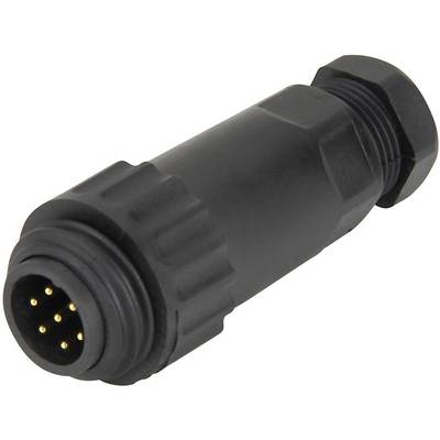 Black, cylindrical electrical connector with multiple golden pins for electrical connection.