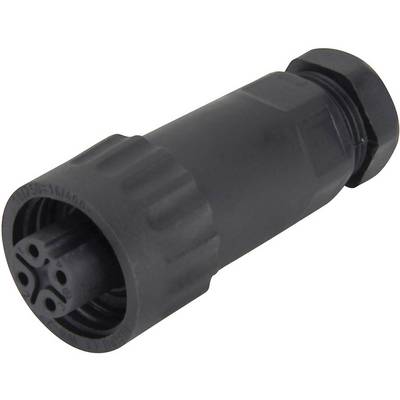 A black cylindrical plastic plug with multiple sockets, presumably an electrical connector, is shown from the side.