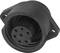 Black, round connector with multiple holes and side mounting tabs.