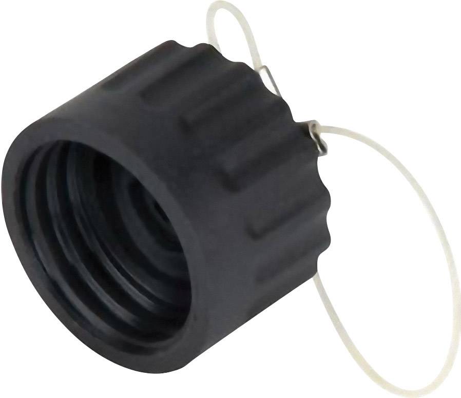 Black plastic cap with a ribbed surface, which is attached to a wire. It is used to seal or cover a container.