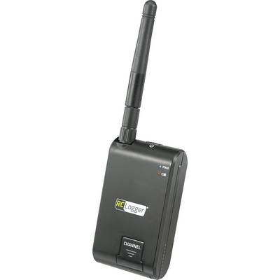 A black, portable electronic device with an antenna and 'RC Logger' labelling. It has a power indicator light and channel button.