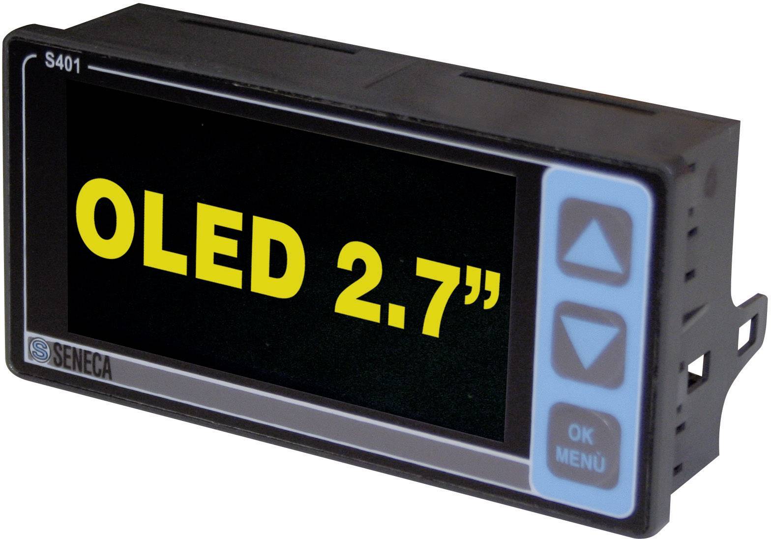 Small OLED display with the inscription 'OLED 2.7"' and two blue directional buttons, along with an OK and Menu button beside them.