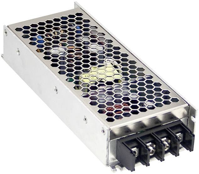 Metallic power supply with perforated grille surface and front-mounted connections.