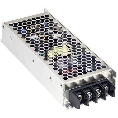 Metallic power supply with perforated grille surface and front-mounted connections.