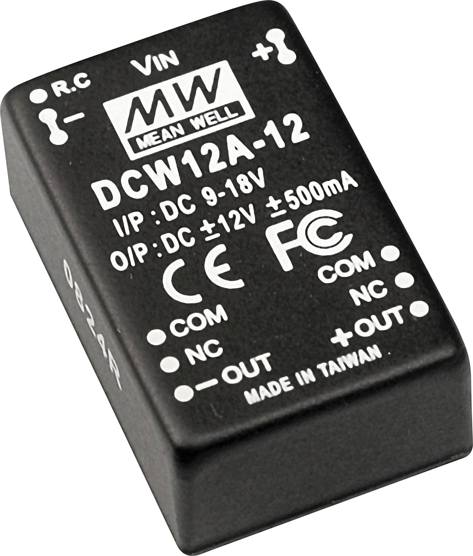 Black electronic component with 'MEAN WELL DCW12A-12' label, input: DC 9-18V, output: DC +12V, 500mA, CE logo.
