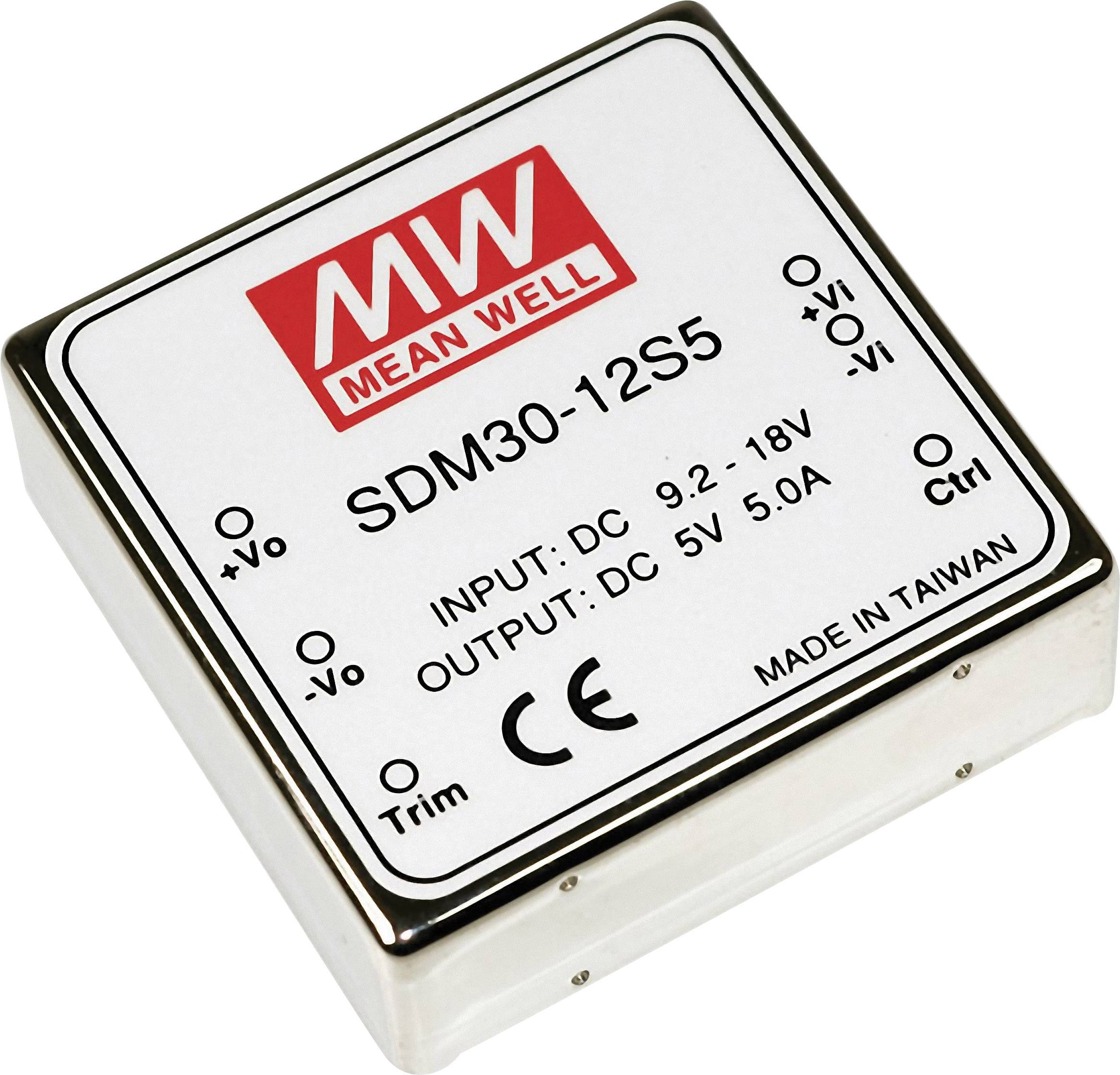 A Mean Well DC-DC converter SDM30-12S5. Input: 9.2-18V, Output: 5V, 5A. Labels: '+Vo', '-Vo', 'Ctrl', 'Trim'. Manufactured in Taiwan.