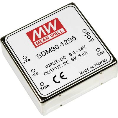 A Mean Well DC-DC converter SDM30-12S5. Input: 9.2-18V, Output: 5V, 5A. Labels: '+Vo', '-Vo', 'Ctrl', 'Trim'. Manufactured in Taiwan.