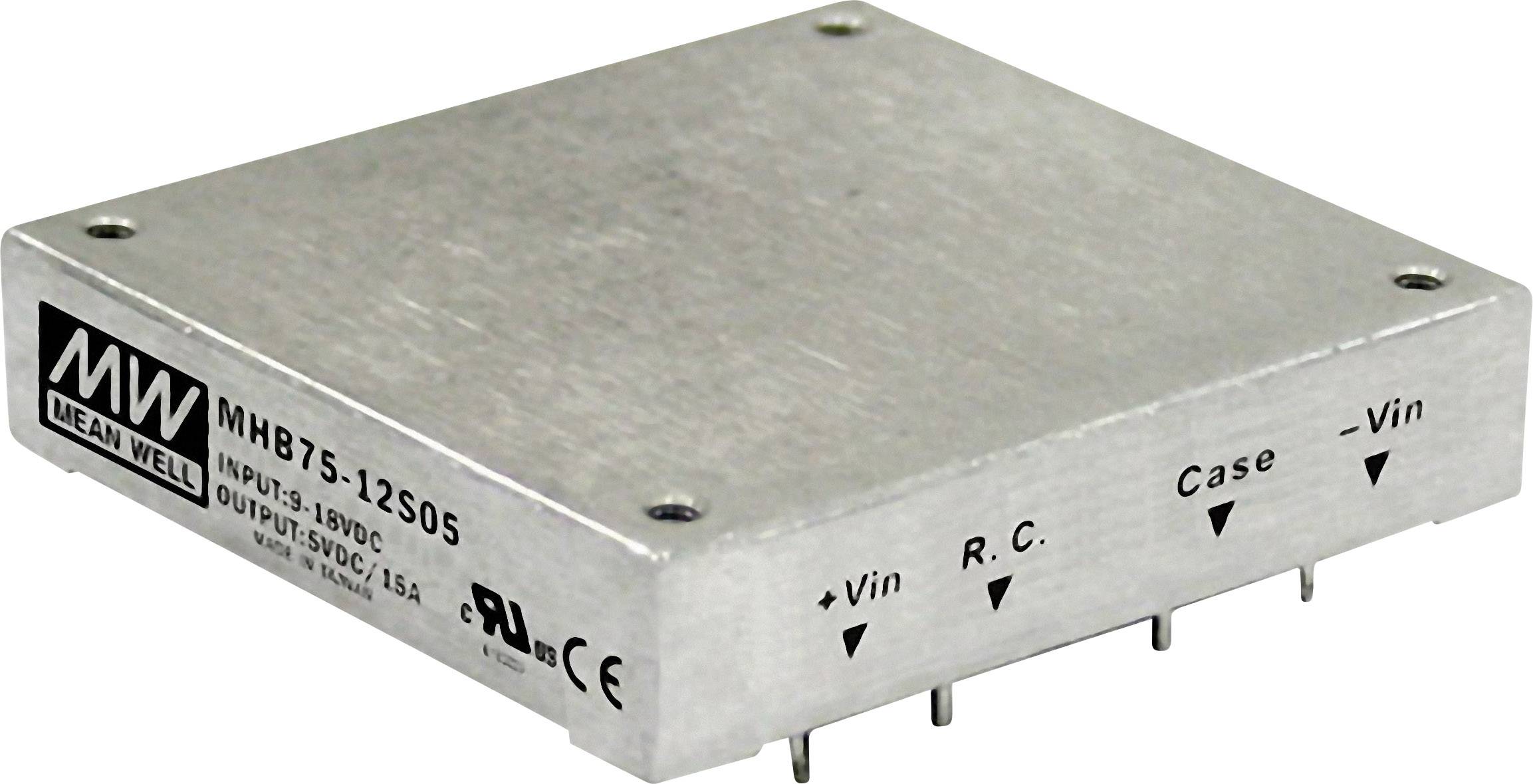 Compact metal enclosure of an electronic component with multiple connections. Enclosure is labelled with 'Mean Well MHB75-12S05'.