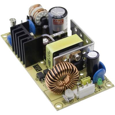 A printed circuit board with electronic components such as inductors, capacitors, a heatsink, and a yellow transformer.