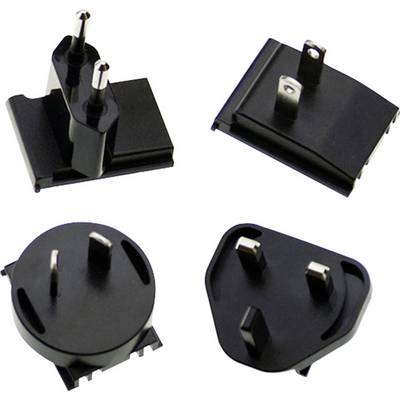 Four black adapter plugs for international sockets, including EU, UK, US and Australian models.