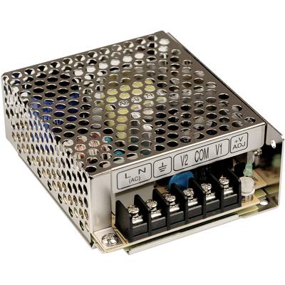 Metal enclosure of a switched-mode power supply with ventilation holes. Front side shows connection terminals and labelling for voltages and adjustments.