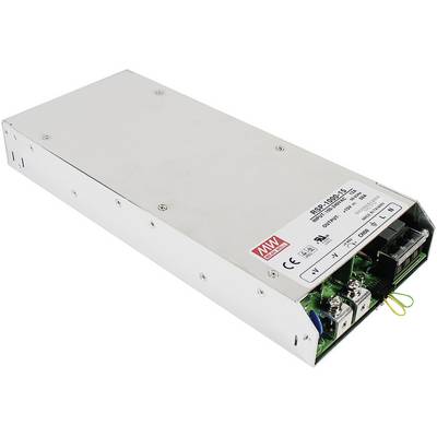A rectangular, silver power supply unit with connections and a label displaying technical specifications on the top surface.