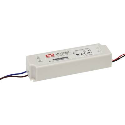 Rectangular white power supply with model number 'LPC-35-700' and product information on the label. Red and blue cables are visible.