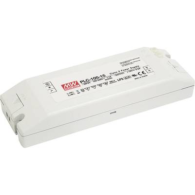 A rectangular power supply with the label 'MEAN WELL'. It displays various technical specifications and certifications.