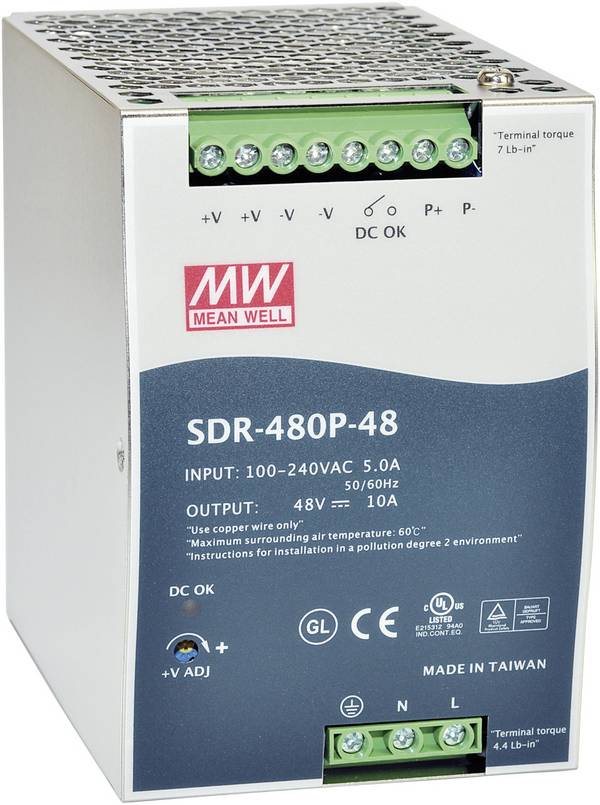 MEAN WELL SDR-480P-24 Rail mounted PSU (DIN)  24 V DC 20 A 480 W No. of outputs:1 x  Content 1 pc(s)