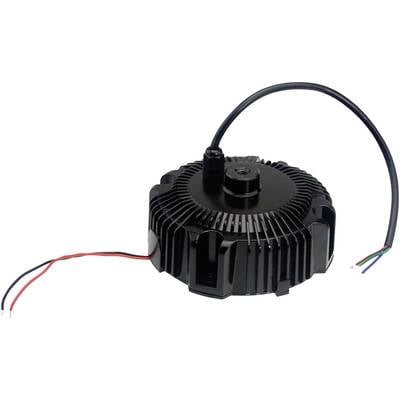 A circular LED driver with a heatsink and cables for electrical connections. Suitable for industrial lighting applications.