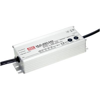 'LED Driver Model HLG-40H-24A by MEAN WELL, metal enclosure, waterproof IP65, electrical data displayed on the top surface.'