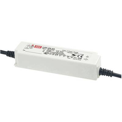 A rectangular, white power supply unit with the inscription 'LPF-35-24', various technical symbols and connection cables at both ends.