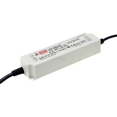A rectangular, white power supply with cables at both ends, printed with specifications and a trademark.