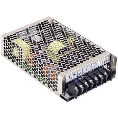 A power supply unit with a metal casing and ventilation grille, showing connections and adjustment options on the front panel.