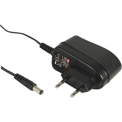 Black power supply with European plug and connection cable. Suitable for electronic devices.