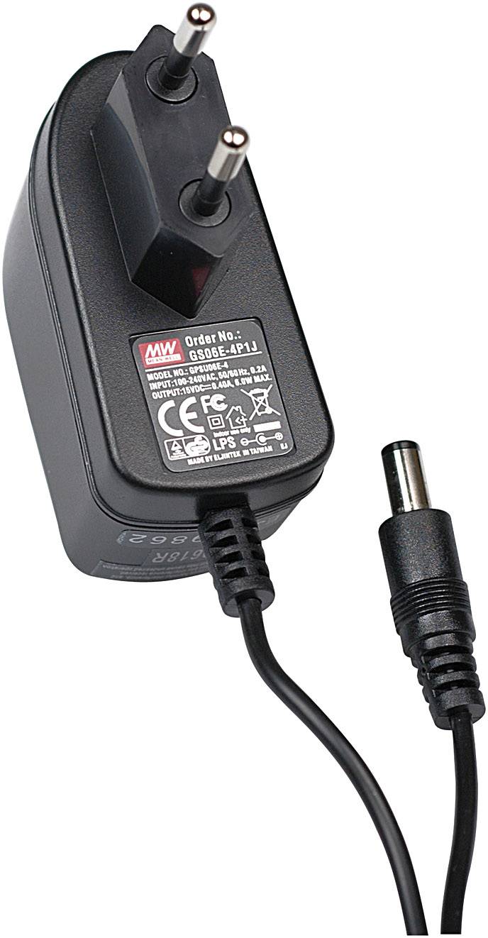 Black power adapter with Euro plug and cable, brand and model specifications visible on the label.
