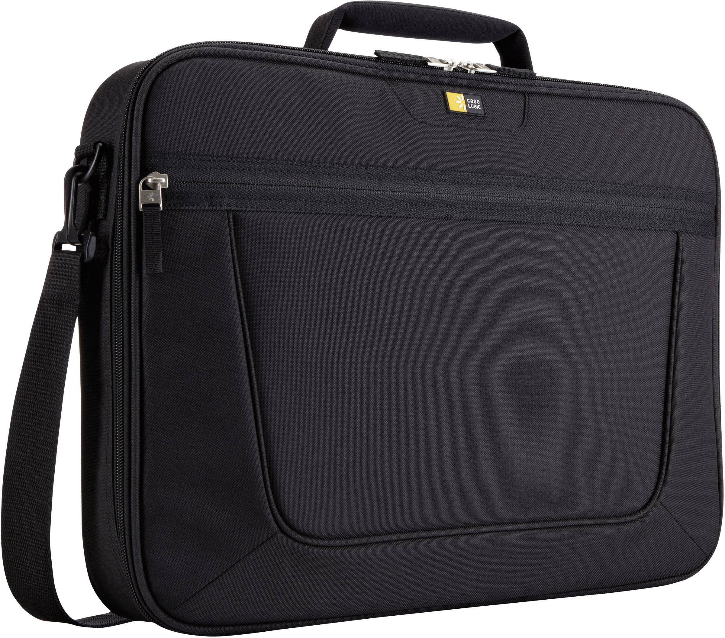Black laptop bag with zip fastener and carry handle, suitable for transporting laptops and accessories.