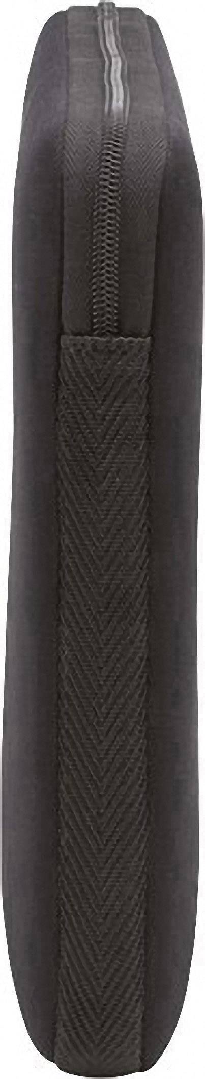 Black fabric case, vertically depicted, with visible seams and zip, side view.