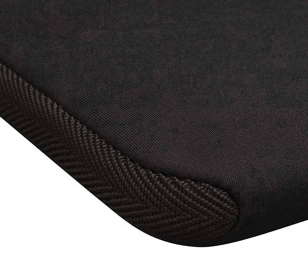 Corner of a black computer mouse mat with a seamless edge finish, emphasising durability and design.